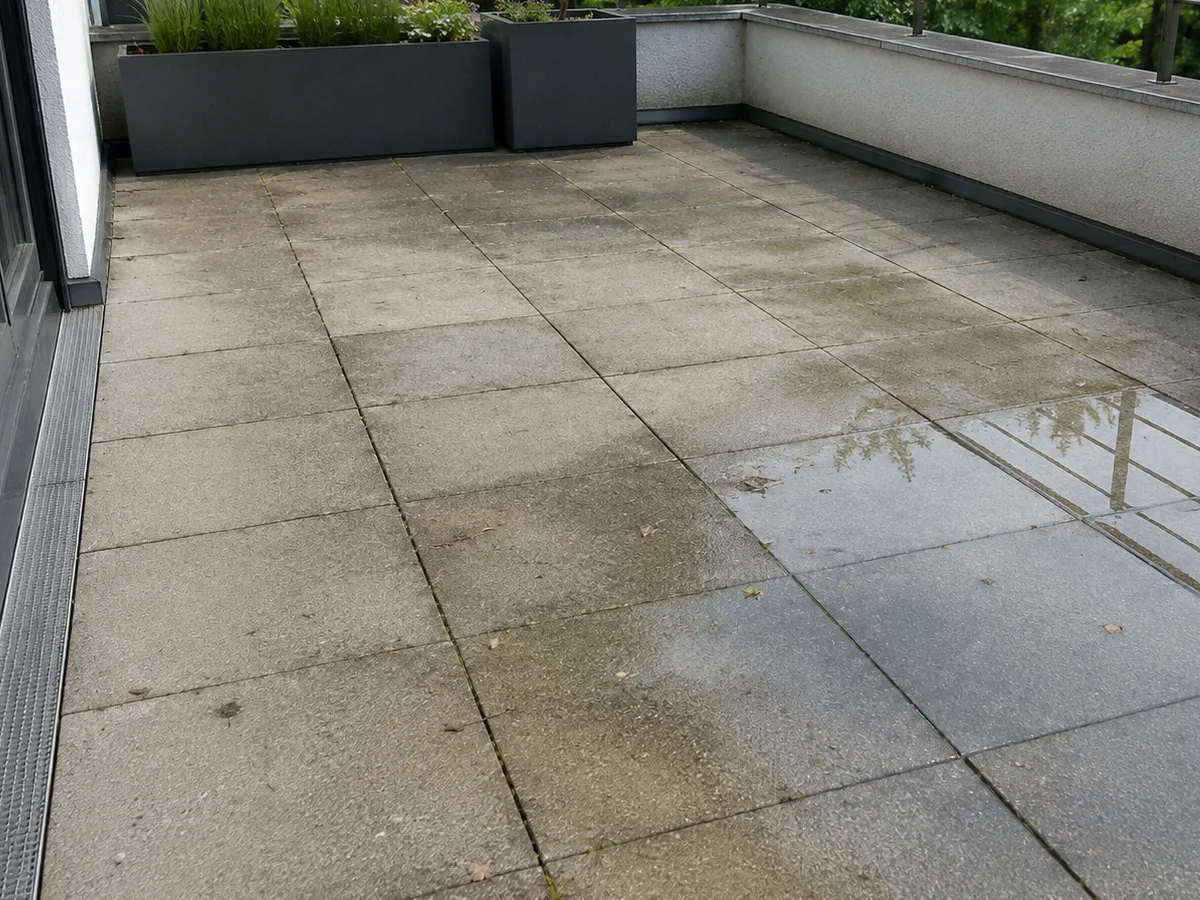 Verwitterter Balkon mit Moos und Rissen im Beton