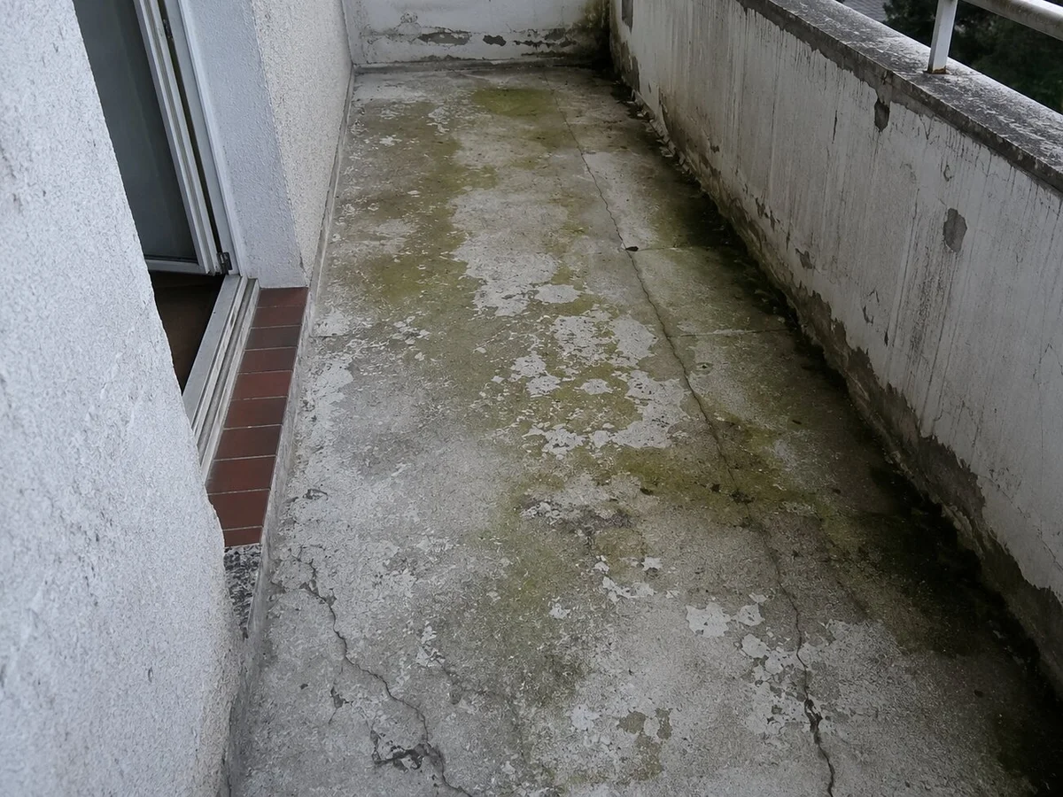 Verwitterter Balkon mit Moos und Rissen im Beton