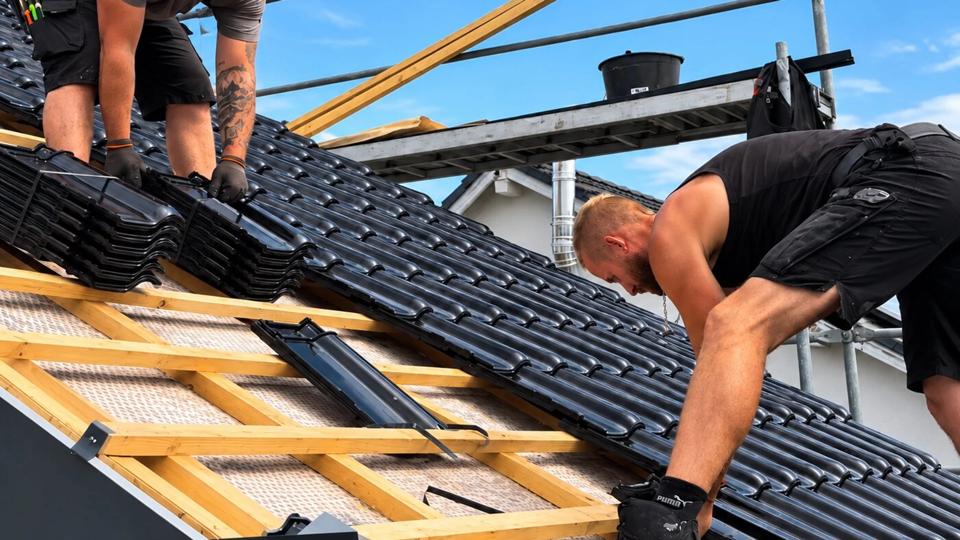 Zwei Dachdecker verlegen gemeinsam Dachziegel