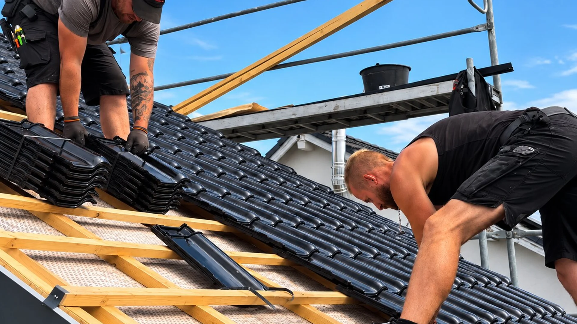 Zwei Dachdecker verlegen gemeinsam Dachziegel