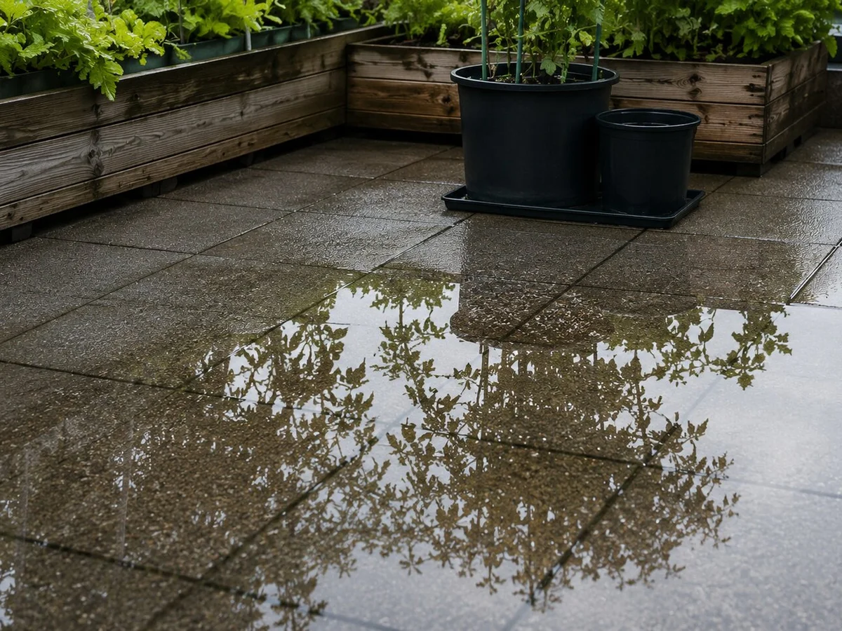 Nasse Terrasse mit Pflanzkübeln nach Regen
