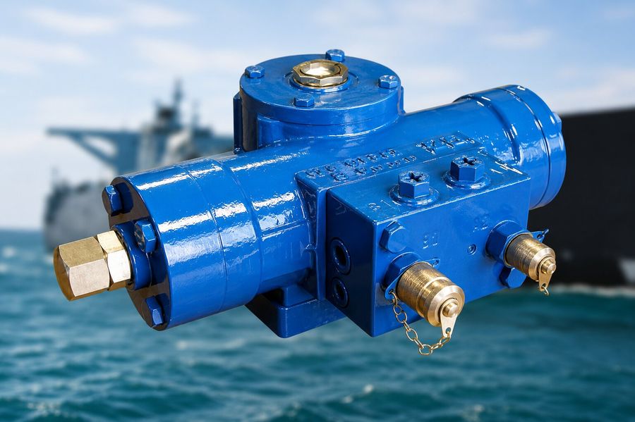 Blaues hydraulisches VRC-Ventilsystem, Schiff im Hintergrund